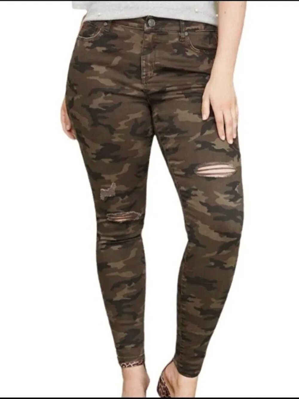Lane Bryant Super Stretch Skinny Camo Distressed Ripped Dark Green - Size 20
